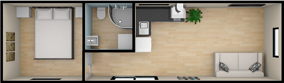 Floorplan layout for the 1 bedroom 10.2 by 3 meter cabin - True Home Cabins