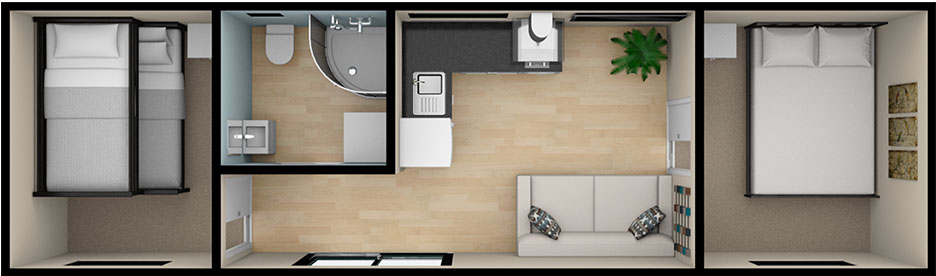 Floorplan layout for the 2 bedroom 10.2 by 3 meter cabin - True Home Cabins
