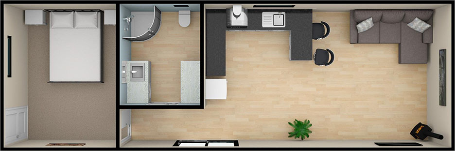 Floorplan layout for the 1 bedroom 12 by 3.6 meter cabin - True Home Cabins