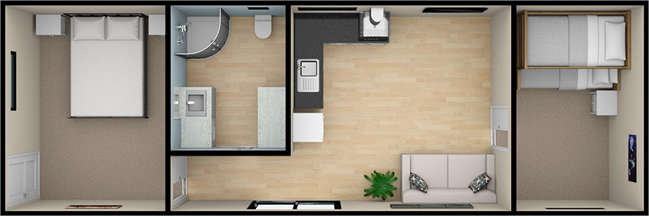 Floorplan layout for the 2 bedroom 12 by 3.6 meter cabin - True Home Cabins