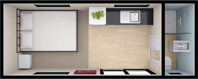 Floorplan layout for the 6 by 2.4 meter cabin - True Home Cabins