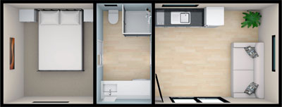 Floorplan layout 1 of 3 for the 8.4 by 3 meter cabin - True Home Cabins