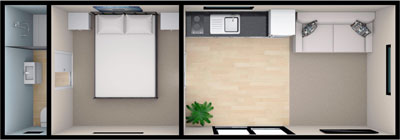 Floorplan layout 2 of 3 for the 8.4 by 3 meter cabin - True Home Cabins