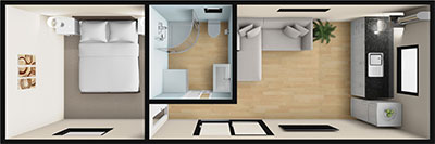 Floorplan layout for the 9 by 3 meter cabin - True Home Cabins